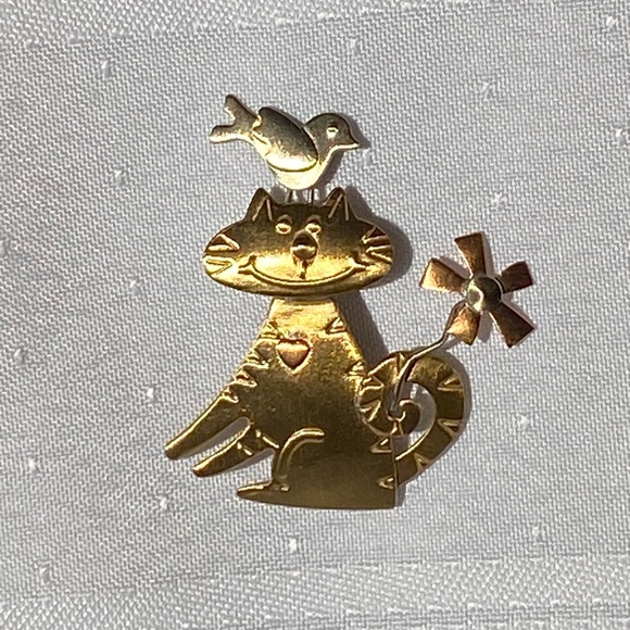 Cat Bird Figure Tri-tone Artisan Brooch Pin - Picture 7 of 16